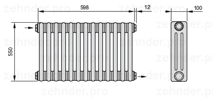 Схема (чертеж) Радиатор Zehnder Charleston 3055/13 №1670 Белый глянцевый RAL 9016